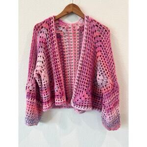 Adorable Handmade Open Front Pink/Purple Patterned Crochet Cardigan Granny| OSFM
